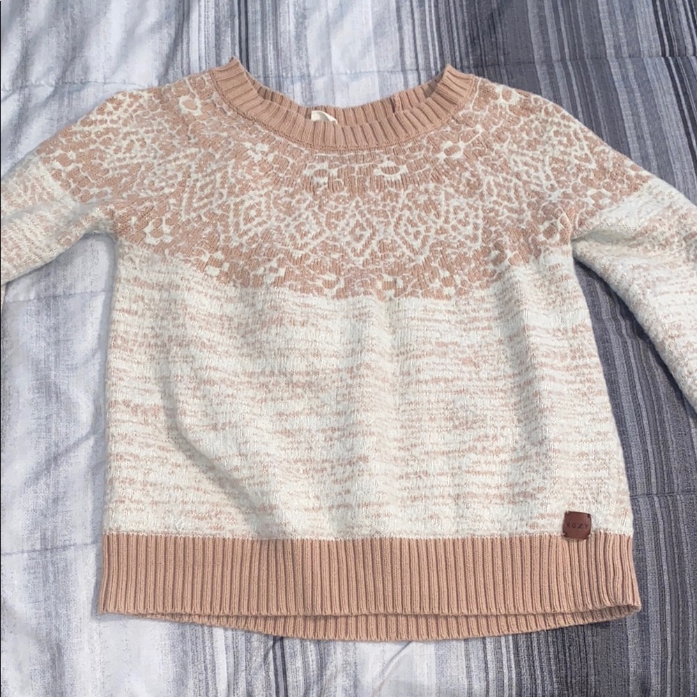 Roxy Cream and Tan Crew Neck Sweater with Fair Isle Pattern